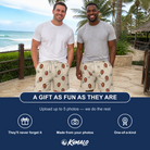 Friends in matching Men's Cucurbit Chuckles Custom Face Beach Shorts — a group gift photo