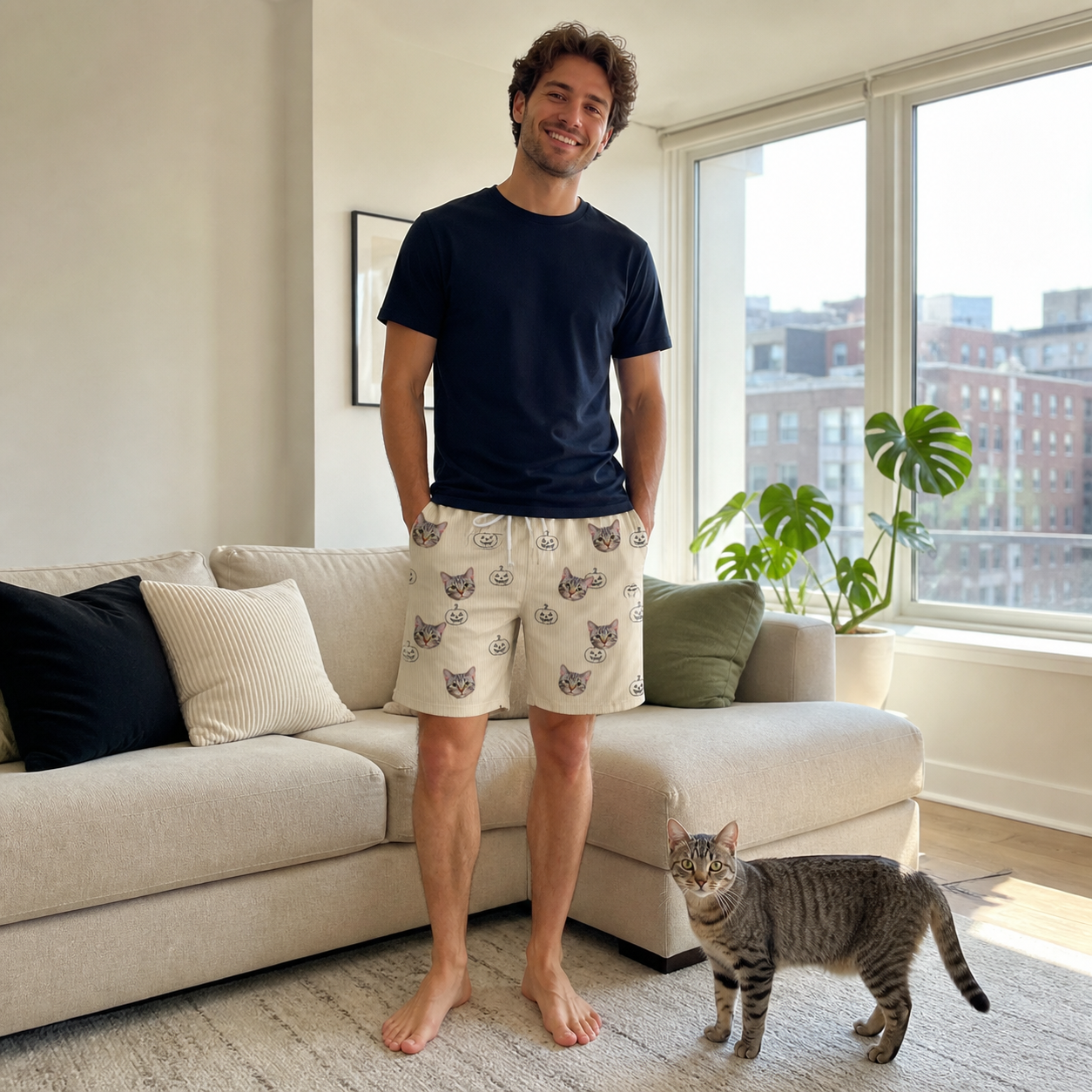 Full-length photo with the pet printed all over this Men's Cucurbit Chuckles Custom Cat Face Beach Shorts