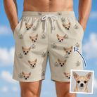 Man wearing Men's Cucurbit Chuckles Custom Dog Face Beach Shorts — custom faces printed all-over