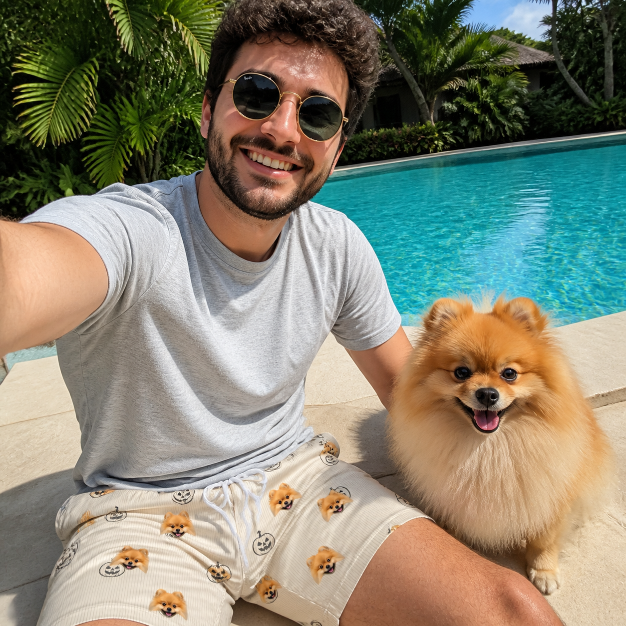 Selfie with the pet whose face is printed all over this Men's Cucurbit Chuckles Custom Dog Face Beach Shorts