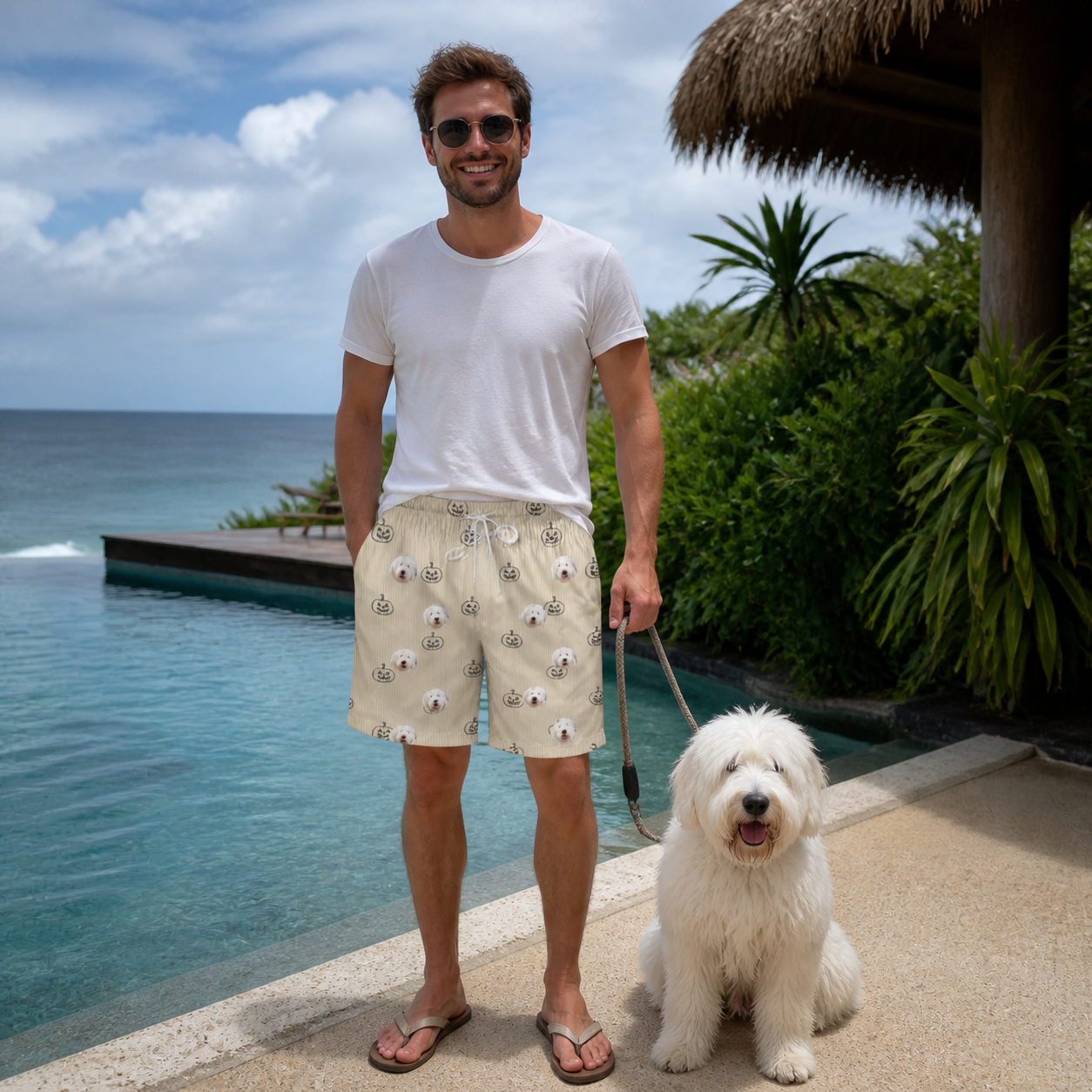 Full-length photo with the pet printed all over this Men's Cucurbit Chuckles Custom Dog Face Beach Shorts