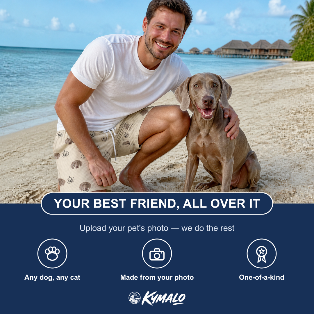 Friends in matching Men's Cucurbit Chuckles Custom Dog Face Beach Shorts — a group gift photo