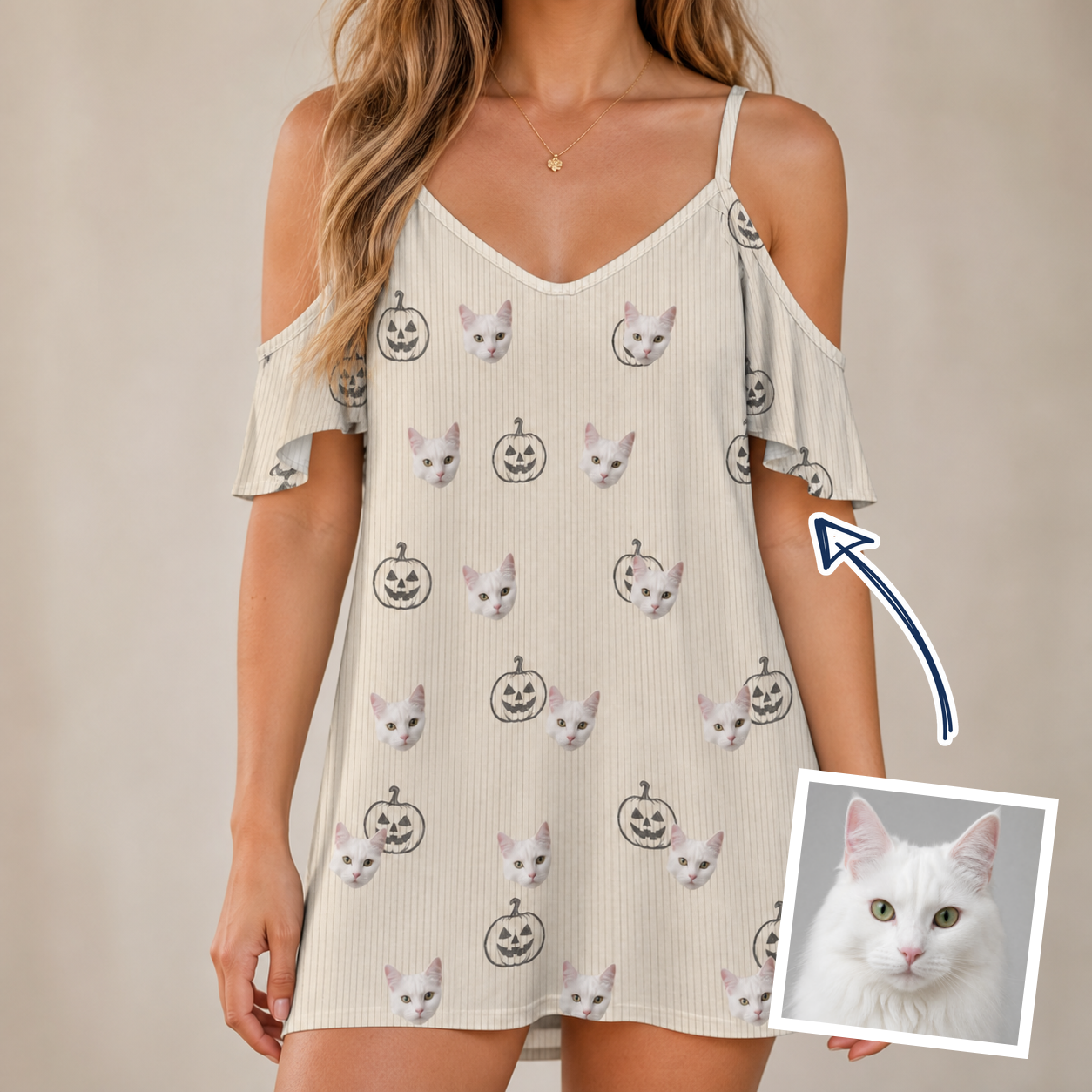 Woman wearing Women's Cucurbit Chuckles Custom Cat Face Off-Shoulder Dress — custom faces printed all-over