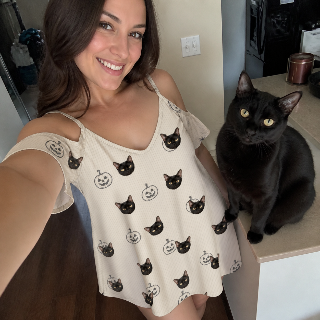 Selfie with the pet whose face is printed all over this Women's Cucurbit Chuckles Custom Cat Face Off-Shoulder Dress