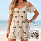 Woman wearing Women's Cucurbit Chuckles Custom Dog Face Off-Shoulder Dress — custom faces printed all-over