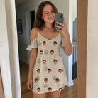 Real-life photo of someone wearing Women's Cucurbit Chuckles Custom Face Off-Shoulder Dress — custom faces printed all-over