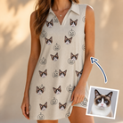 Woman wearing Women's Cucurbit Chuckles Custom Cat Face V-Neck Dress — custom faces printed all-over
