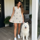 Full-length photo with the pet printed all over this Women's Cucurbit Chuckles Custom Dog Face V-Neck Dress