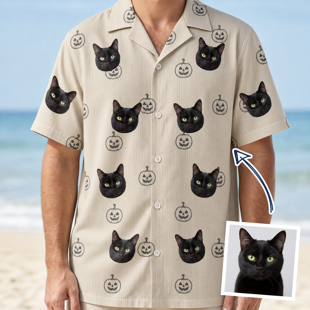 Man wearing Men's Cucurbit Chuckles Custom Cat Face Hawaiian Shirt — custom faces printed all-over
