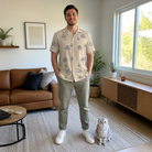 Full-length photo with the pet printed all over this Men's Cucurbit Chuckles Custom Cat Face Hawaiian Shirt