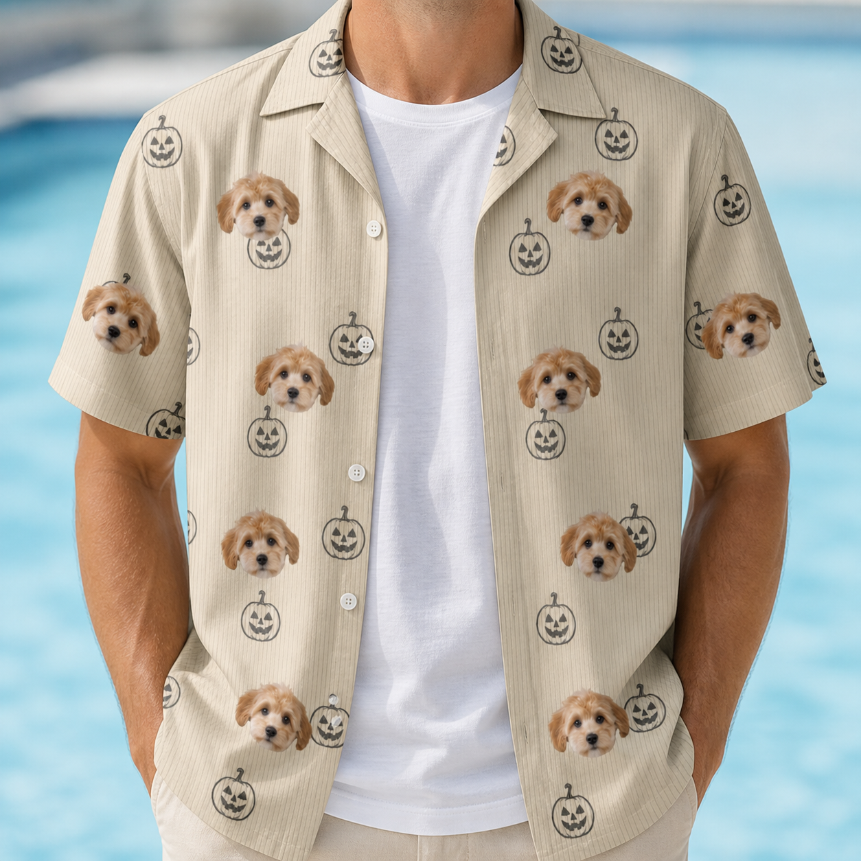 Man wearing Men's Cucurbit Chuckles Custom Dog Face Hawaiian Shirt open over a white tee