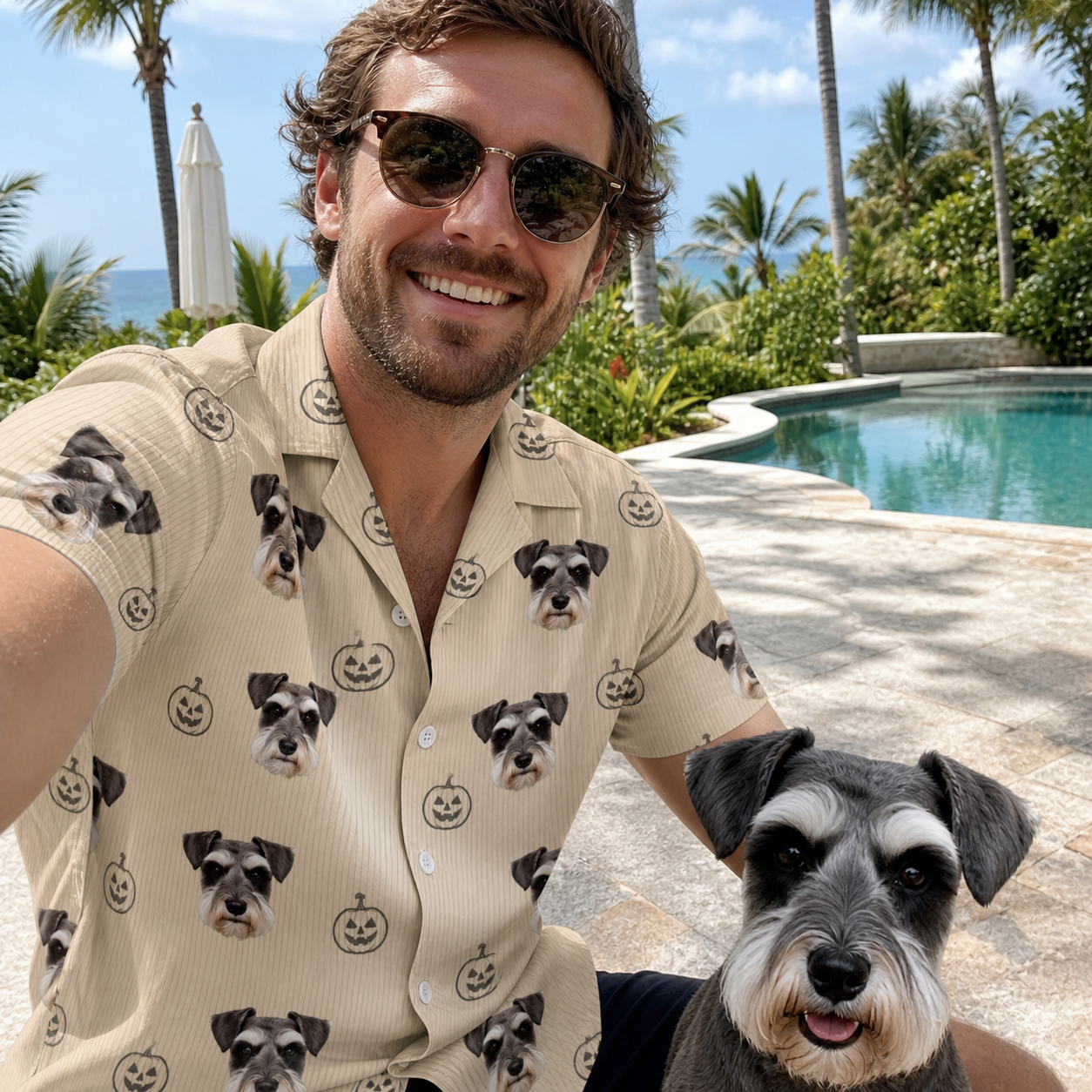 Selfie with the pet whose face is printed all over this Men's Cucurbit Chuckles Custom Dog Face Hawaiian Shirt