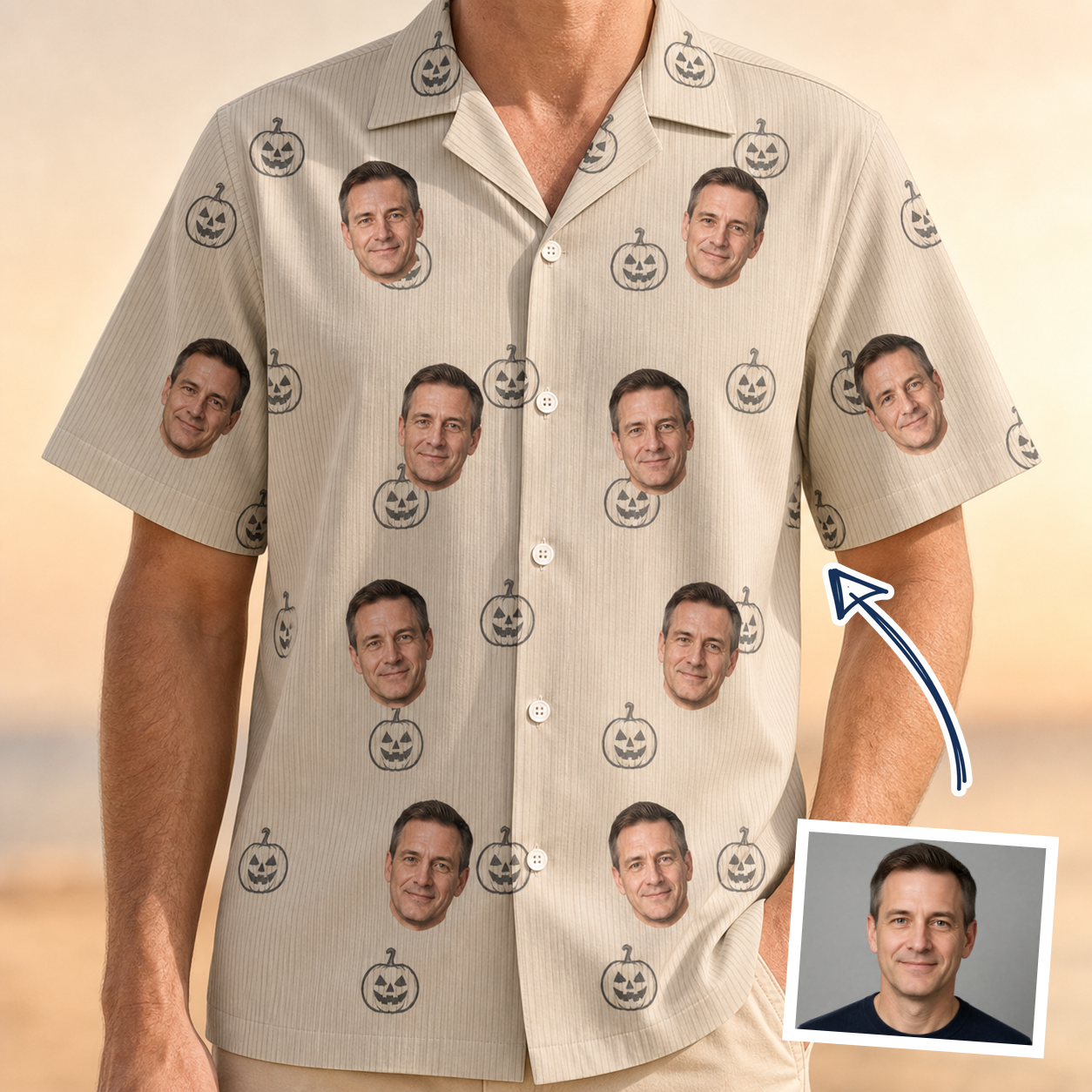 Man wearing Men's Cucurbit Chuckles Custom Face Hawaiian Shirt — custom faces printed all-over