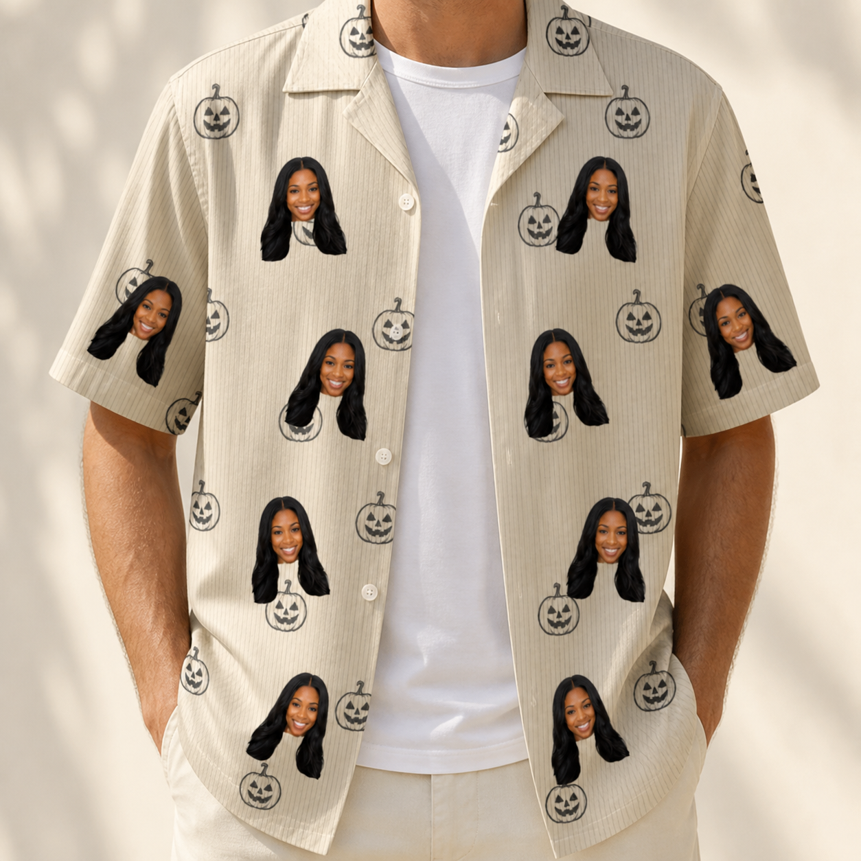 Man wearing Men's Cucurbit Chuckles Custom Face Hawaiian Shirt open over a white tee