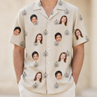 Model wearing Men's Cucurbit Chuckles Custom Face Hawaiian Shirt printed with kids' faces