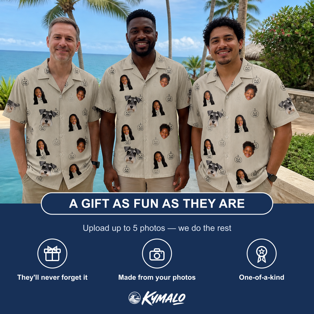 Friends in matching Men's Cucurbit Chuckles Custom Face Hawaiian Shirt — a group gift photo