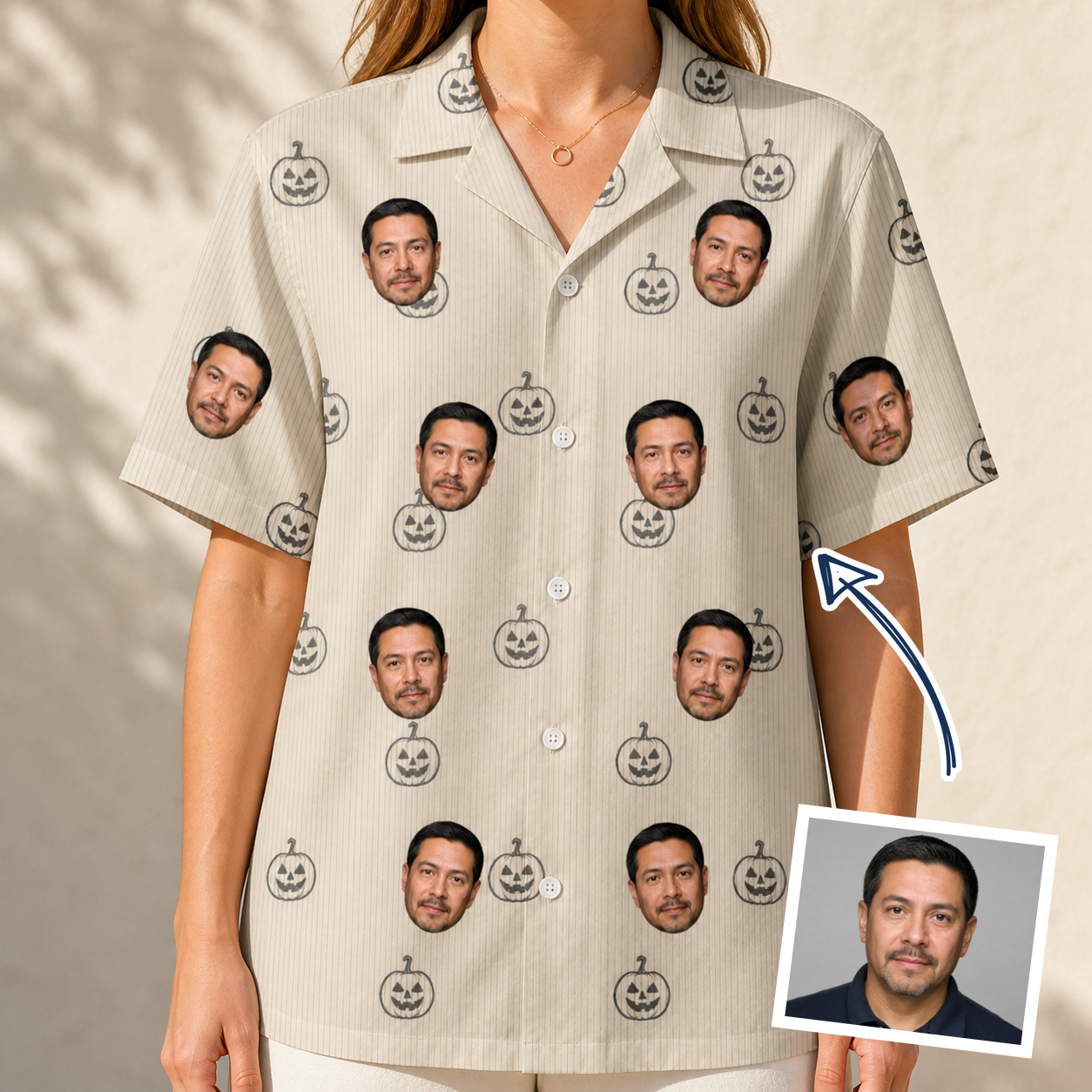 Woman wearing Women's Cucurbit Chuckles Custom Face Hawaiian Shirt — custom faces printed all-over