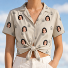 Woman wearing Women's Cucurbit Chuckles Custom Face Hawaiian Shirt tied at the waist