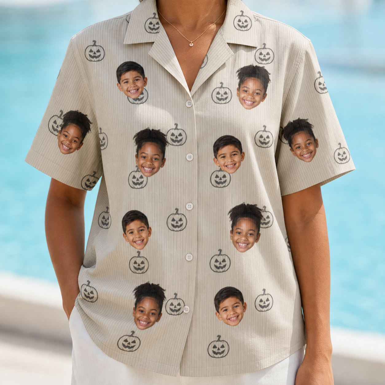 Model wearing Women's Cucurbit Chuckles Custom Face Hawaiian Shirt printed with kids' faces