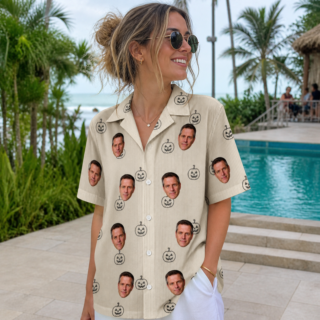 Real-life photo of someone wearing Women's Cucurbit Chuckles Custom Face Hawaiian Shirt — custom faces printed all-over