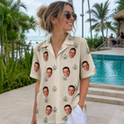 Real-life photo of someone wearing Women's Cucurbit Chuckles Custom Face Hawaiian Shirt — custom faces printed all-over