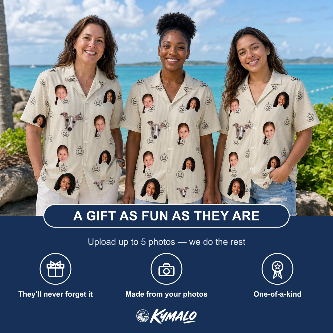 Friends in matching Women's Cucurbit Chuckles Custom Face Hawaiian Shirt — a group gift photo