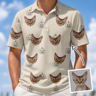 Man wearing Men's Cucurbit Chuckles Custom Cat Face Polo Shirt — custom faces printed all-over