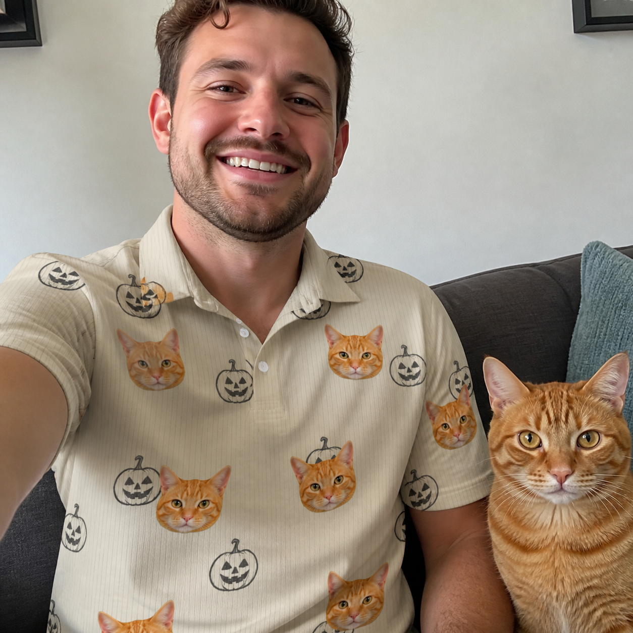 Selfie with the pet whose face is printed all over this Men's Cucurbit Chuckles Custom Cat Face Polo Shirt