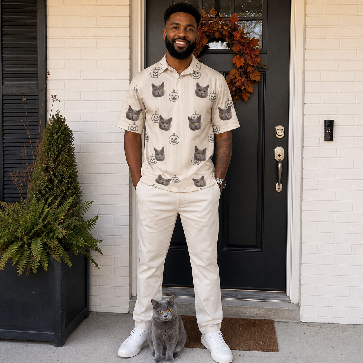 Full-length photo with the pet printed all over this Men's Cucurbit Chuckles Custom Cat Face Polo Shirt