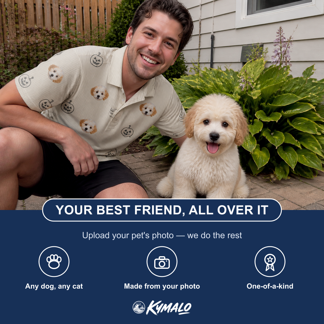 Friends in matching Men's Cucurbit Chuckles Custom Dog Face Polo Shirt — a group gift photo