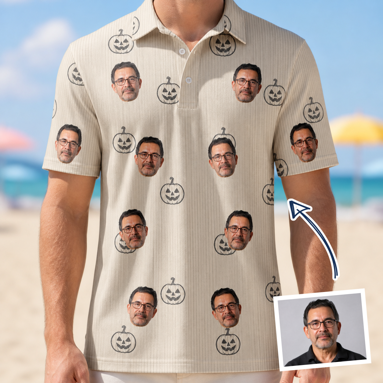 Man wearing Men's Cucurbit Chuckles Custom Face Polo Shirt — custom faces printed all-over