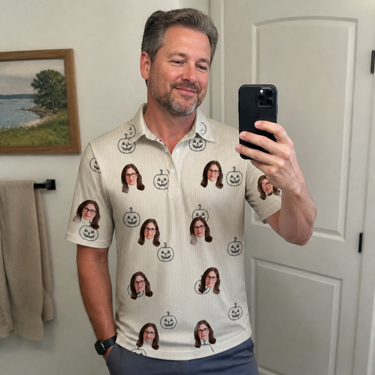 Real-life photo of someone wearing Men's Cucurbit Chuckles Custom Face Polo Shirt — custom faces printed all-over
