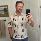 Real-life photo of someone wearing Men's Cucurbit Chuckles Custom Face Polo Shirt — custom faces printed all-over
