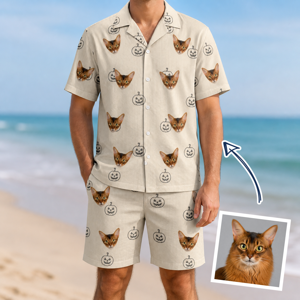 Man wearing Men's Cucurbit Chuckles Custom Cat Face Shirt & Shorts Set — custom faces printed all-over