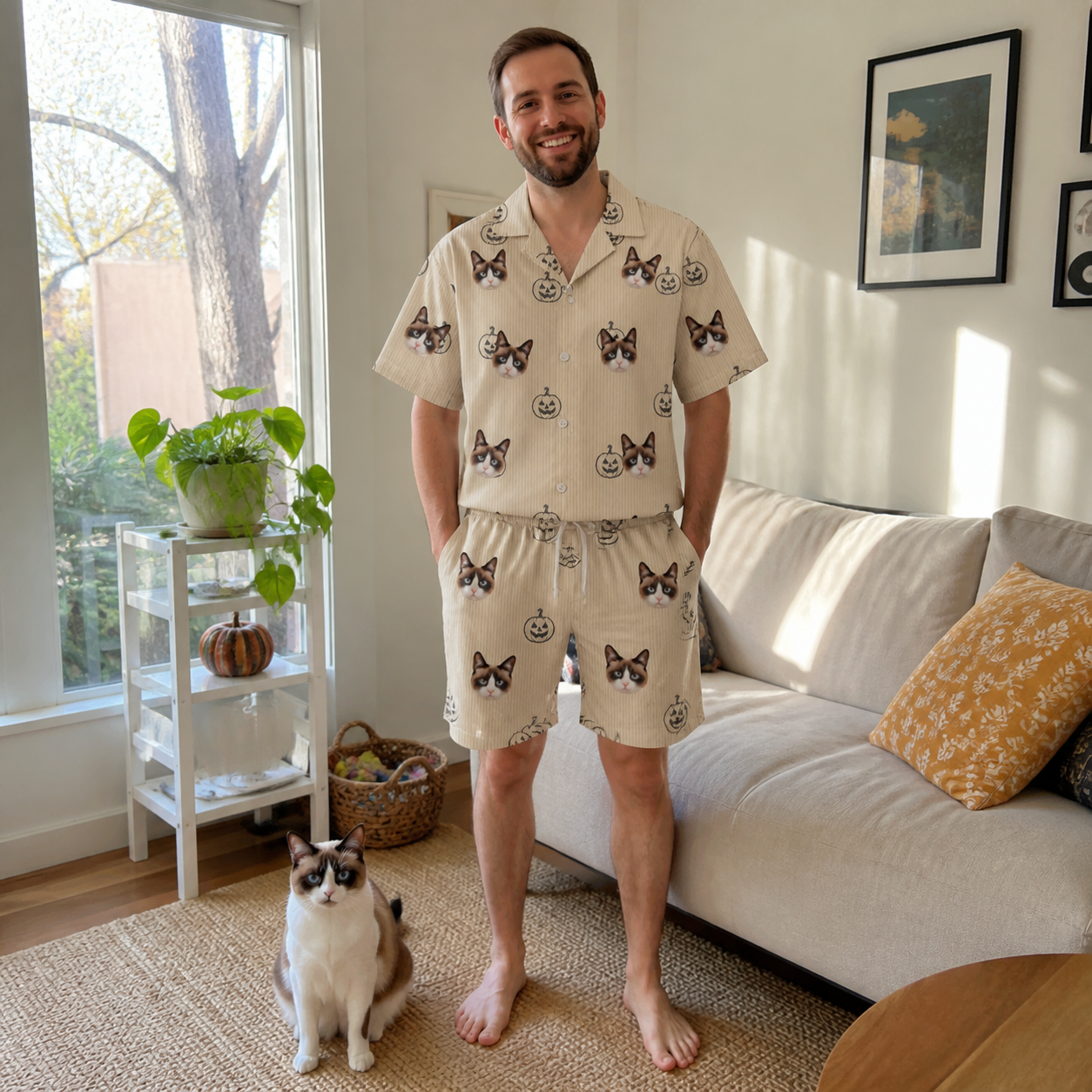 Full-length photo with the pet printed all over this Men's Cucurbit Chuckles Custom Cat Face Shirt & Shorts Set