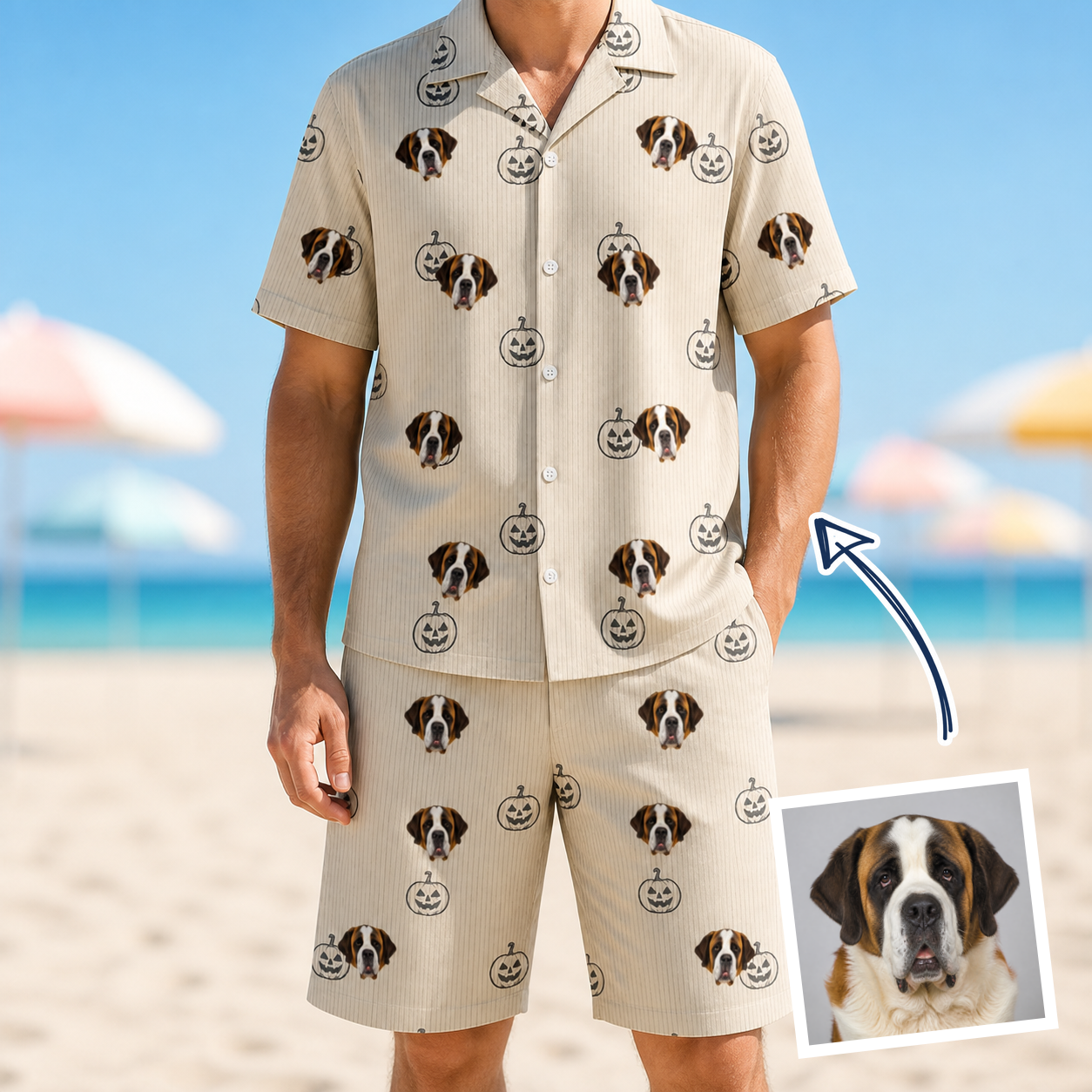 Man wearing Men's Cucurbit Chuckles Custom Dog Face Shirt & Shorts Set — custom faces printed all-over