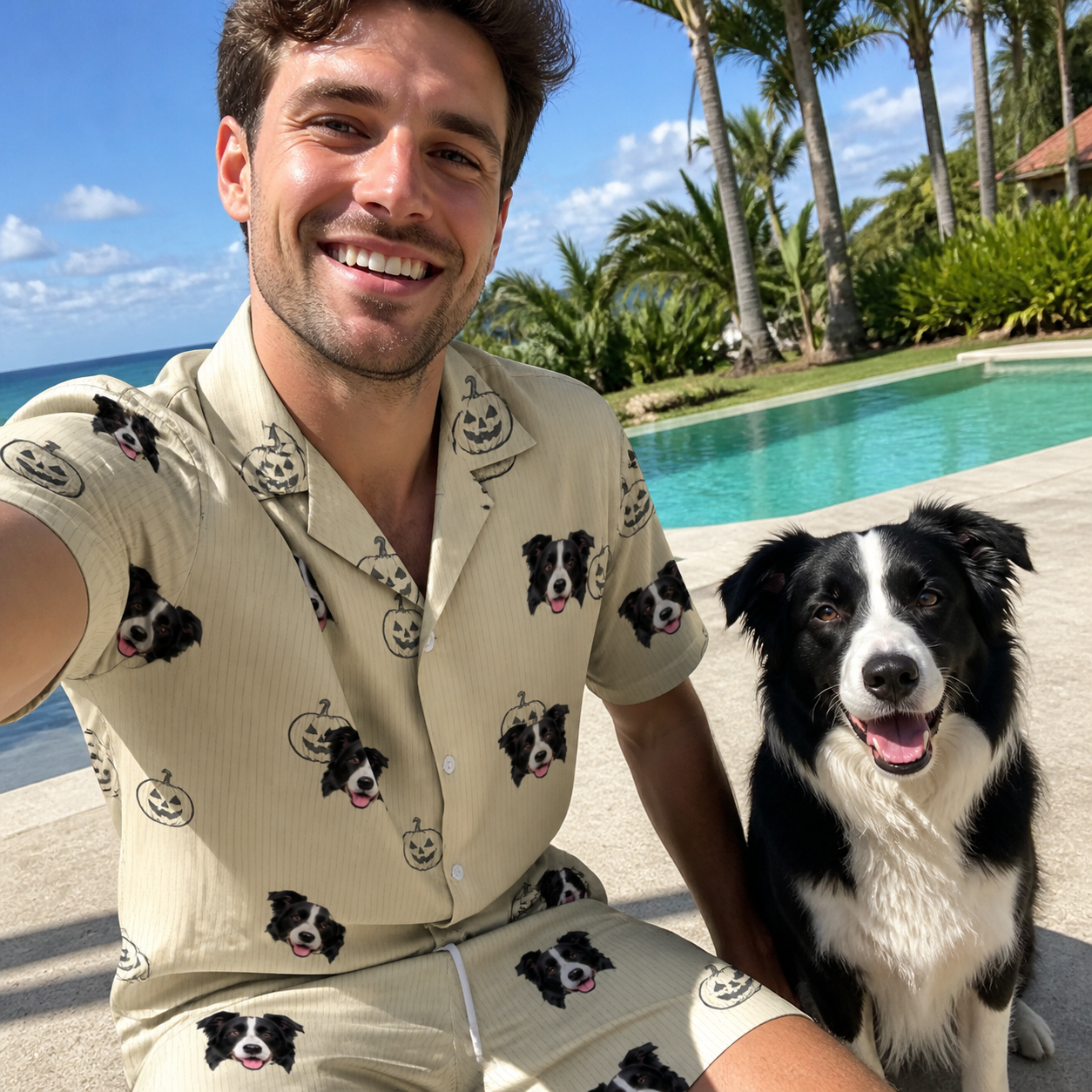 Selfie with the pet whose face is printed all over this Men's Cucurbit Chuckles Custom Dog Face Shirt & Shorts Set