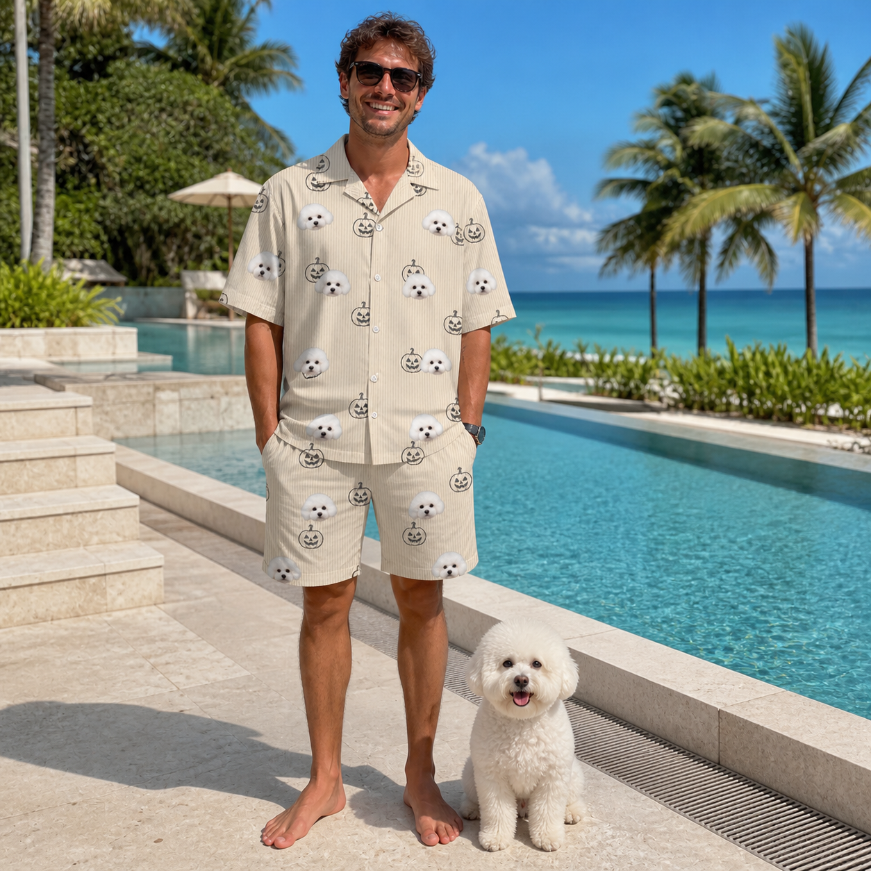 Full-length photo with the pet printed all over this Men's Cucurbit Chuckles Custom Dog Face Shirt & Shorts Set