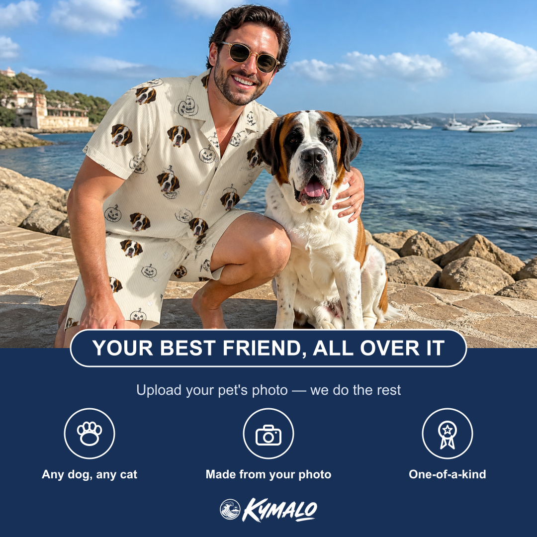 Friends in matching Men's Cucurbit Chuckles Custom Dog Face Shirt & Shorts Set — a group gift photo
