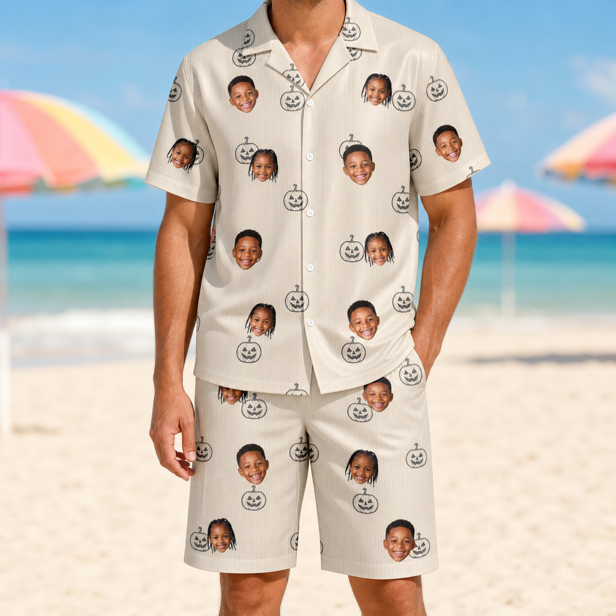 Model wearing Men's Cucurbit Chuckles Custom Face Shirt & Shorts Set printed with kids' faces