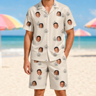 Model wearing Men's Cucurbit Chuckles Custom Face Shirt & Shorts Set printed with kids' faces