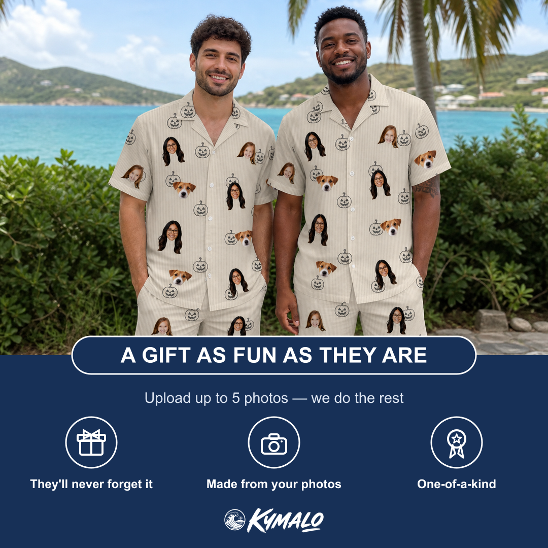 Friends in matching Men's Cucurbit Chuckles Custom Face Shirt & Shorts Set — a group gift photo