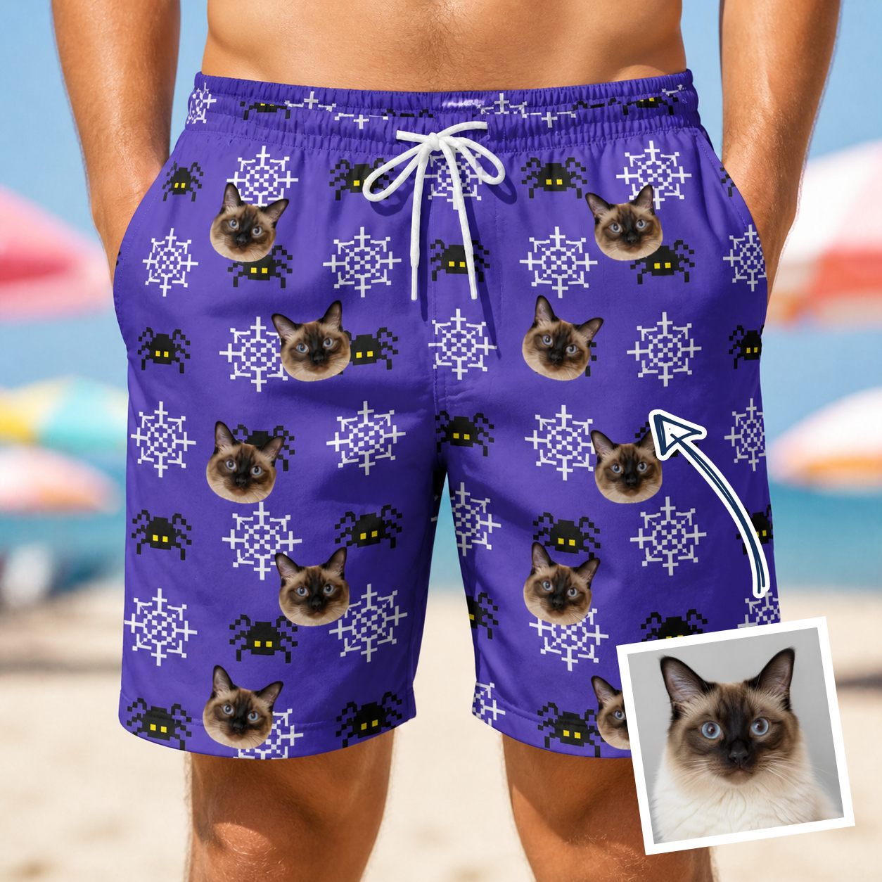 Man wearing Men's Leggy Lurkers Custom Cat Face Beach Shorts — custom faces printed all-over