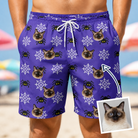 Man wearing Men's Leggy Lurkers Custom Cat Face Beach Shorts — custom faces printed all-over