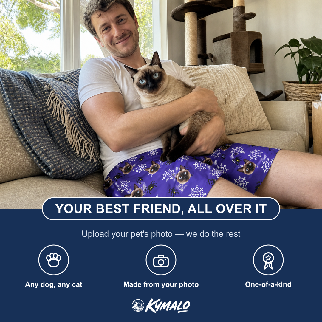 Friends in matching Men's Leggy Lurkers Custom Cat Face Beach Shorts — a group gift photo