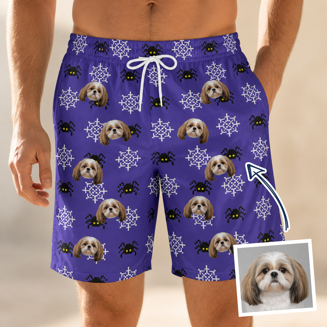 Man wearing Men's Leggy Lurkers Custom Dog Face Beach Shorts — custom faces printed all-over