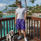 Full-length photo with the pet printed all over this Men's Leggy Lurkers Custom Dog Face Beach Shorts