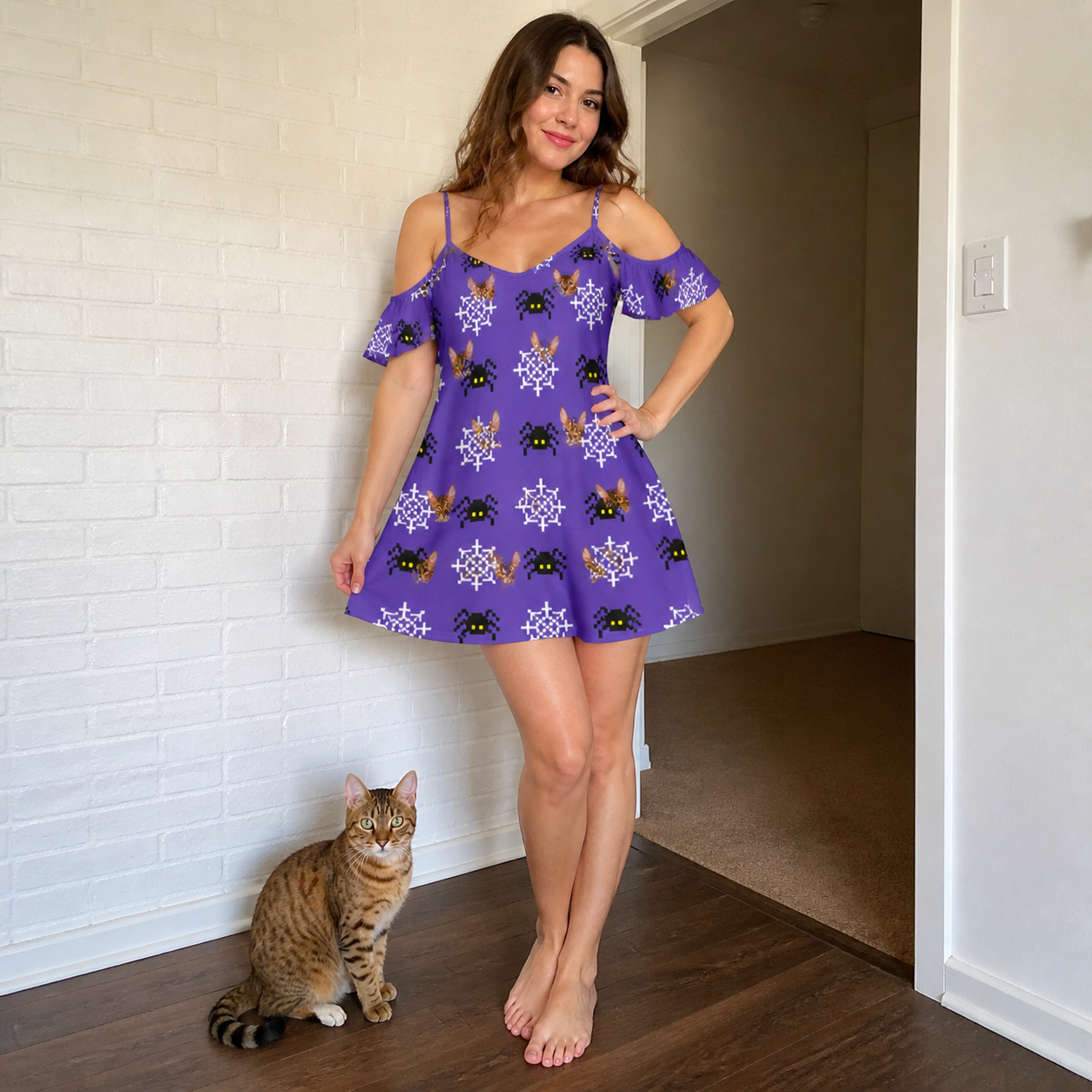 Full-length photo with the pet printed all over this Women's Leggy Lurkers Custom Cat Face Off-Shoulder Dress