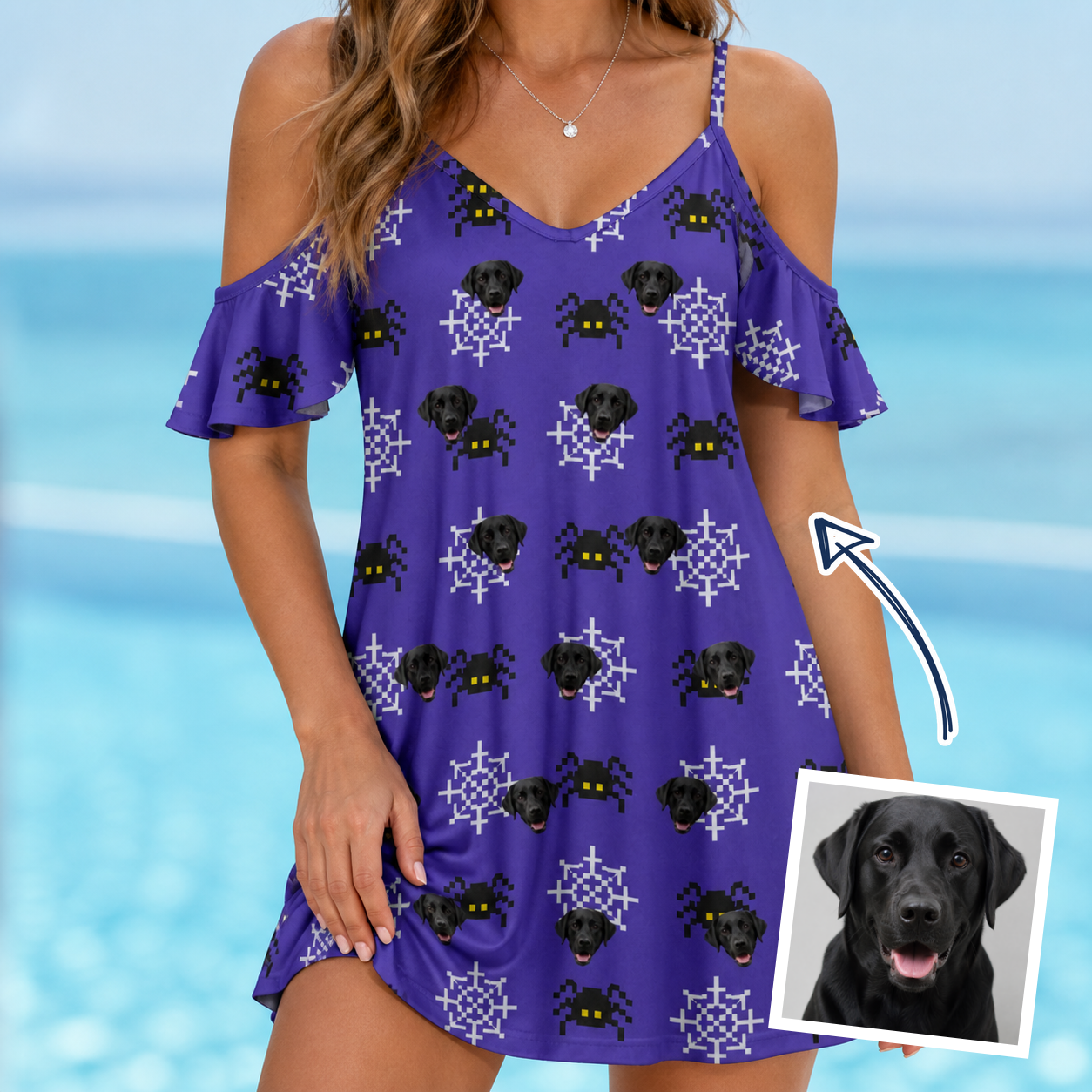 Woman wearing Women's Leggy Lurkers Custom Dog Face Off-Shoulder Dress — custom faces printed all-over