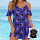 Woman wearing Women's Leggy Lurkers Custom Dog Face Off-Shoulder Dress — custom faces printed all-over